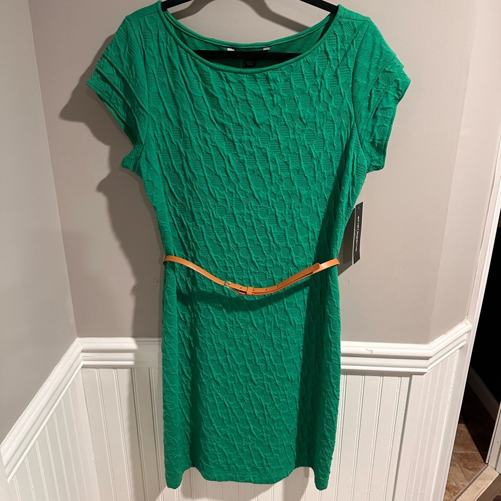Sharagano Green Textured Midi Dress with Tan Belt